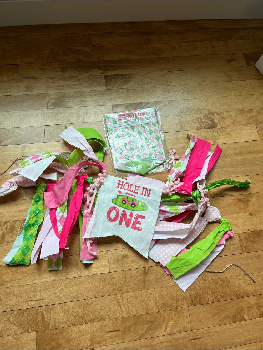 Hole In One Pink & Green Party high chair Banner and 12 month banner